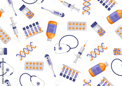 Seamless pattern with medical and healthcare items. Equipment for pharmacies and hospitals.
