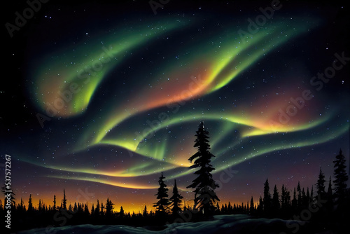 AI generated image of gorgeous, unreal beautiful night view of the northern lights or Aurora borealis above a lake surrounded by mountains and coniferous trees 