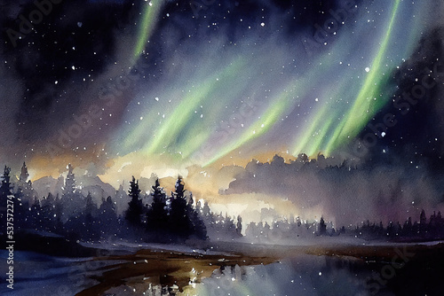 AI generated image of gorgeous, unreal beautiful night view of the northern lights or Aurora borealis above a lake surrounded by mountains and coniferous trees © Amith
