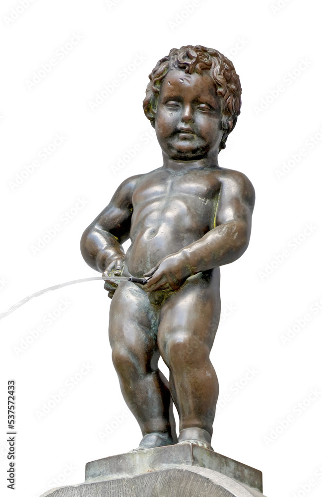 Statue of a pissing boy Manneken Pis in Brussels isolated - obrazy, fototapety, plakaty 