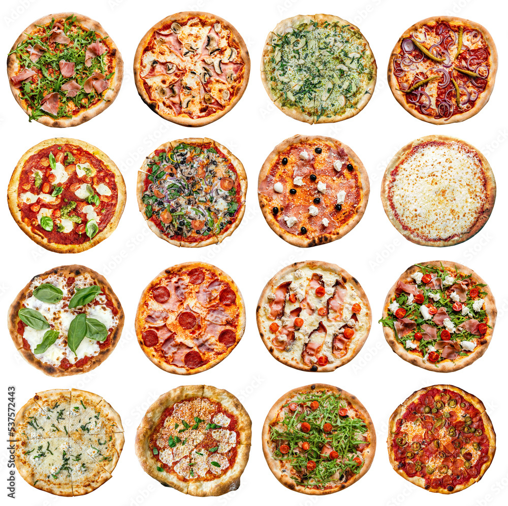 Collection of pizza with various ingredients isolated Collection of pizza with various ingredients isolated