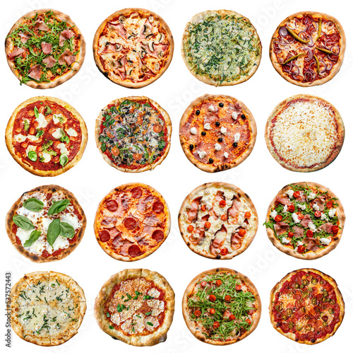Collection of pizza with various ingredients isolated