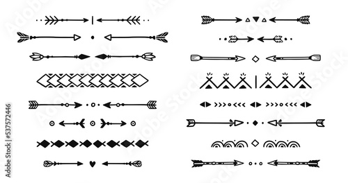 Mexican, boho arrow hand drawn element set. African, aztec rustic ethnic arrow, ornament divider. Tribal boho decor design. Vector illustration.
