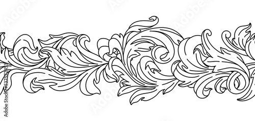 Decorative floral seamless pattern in baroque style. Engraved black curling plant.