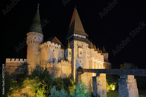 Night exterior picture of the gothic Vajdahunyad (Hunedoara) castle in Transylvania, Romania.
Color architectural photo.