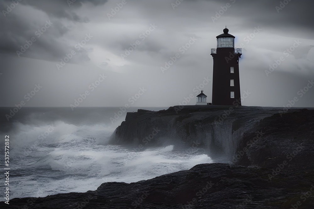 A lighthouse lashed by waves during a storm.