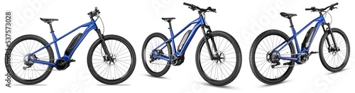 set collection of blue modern mid drive motor e bike pedelec with electric engine middle mount. battery powered ebike isolated white background. Innovation transportation concept.
