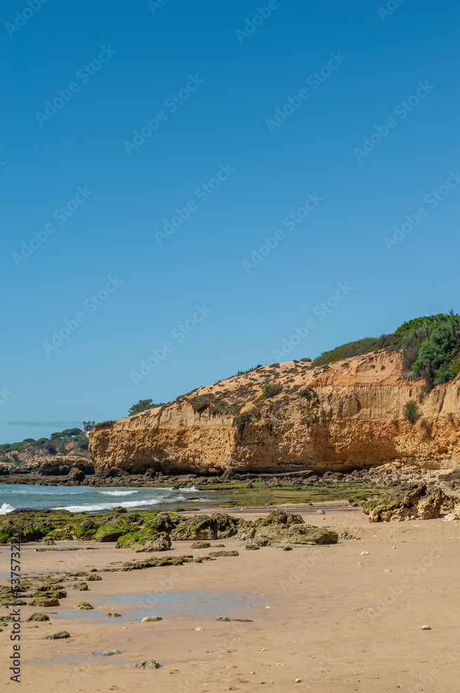 Maria Luisa beach with rock formation in Albufeira, Algarve, Portugal.
