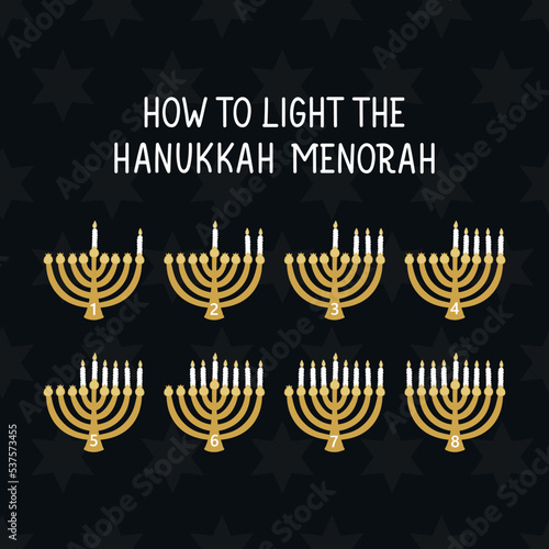 How to light the Hanukkah menorah. Hanukkah card. Holidays lettering. Ink illustration.