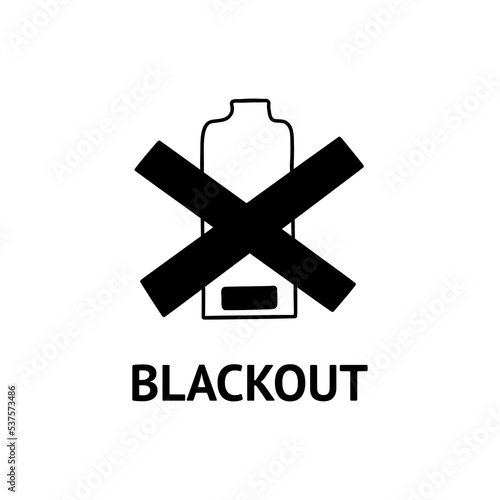 Low battery indicator is crossed out. Blackout inscription. Lack of electricity. Vector black and white isolated illustration hand drawn doodle. Crisis time, embargo