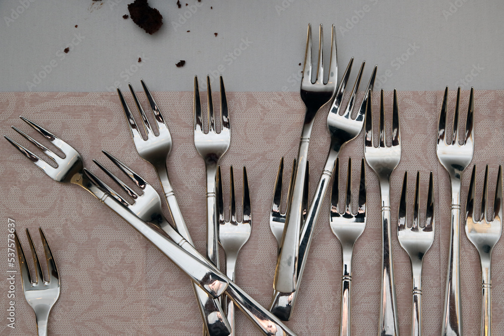 A set of stainless steel forks on the table covered with a pink cloth, with leftover cake crumbs next to it. Illustration photo of dirty, messy restaurant, big party or leftover food.
A set of stainless steel forks on the table covered with a pink cloth, with leftover cake crumbs next to it. Illustration photo of dirty, messy restaurant, big party or leftover food.
