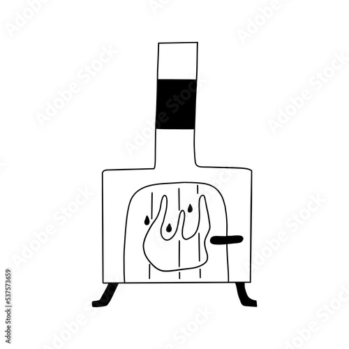 Small stove for heating house with wood. Potbelly stove for heat radiation in the cold season. Heating season. Vector black and white isolated illustration hand drawn doodle