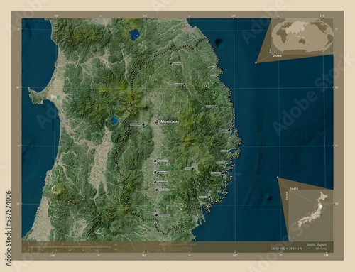 Iwate, Japan. High-res satellite. Labelled points of cities photo