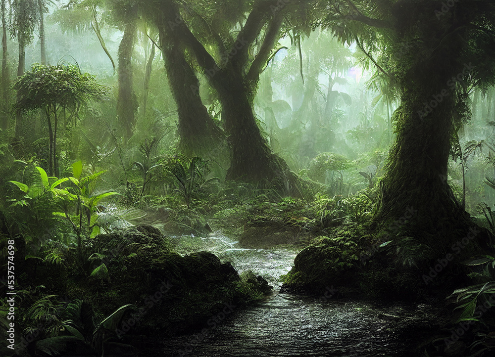 Fototapeta premium The Landscape of the jungle full of exotic plants and trees, An overview of the nature best, hot and wet ecosystem, where life abounds.
