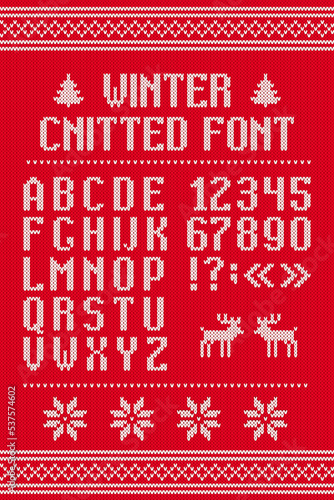 alphabet and numbers on red knitted background. Decorative Christmas poster	
