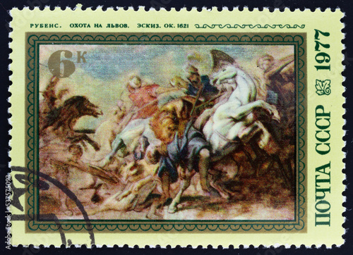 Postage stamp 'Lion Hunt, Peter Paul Rubens,1621' printed in USSR. Series: '400 years since the birth of Peter Paul Rubens' design by G.Komlev, 1977