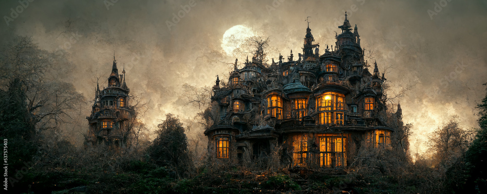 Magical mansion under a full moon in a dark sky at night. Halloween concept banner background