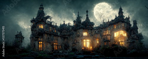 Magical mansion under a full moon in a dark sky at night. Halloween concept banner background