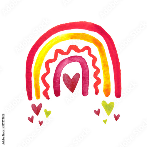 Hand drawn watercolor rainbow with hearts. Boho style vector watercolor rainbow. Perfect for boho style design and kids posters.