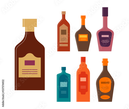 Bottle of rum balsam whiskey liquor gin tequila brandy. Graphic design for any purposes. Flat style. Color form. Party drink concept. Simple image shape