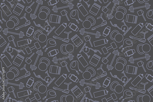 seamless pattern with sport, gym related icons: water bottle, treadmill, exercise bike, barbell, dumbbell, watch, jump rope, protein- vector illustration
