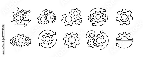 Process management icon set. Optimization operation. Transmission gear wheel with arrow Agile process thin line icons in flat style Technology sign, engine symbol isolated on white Vector illustration