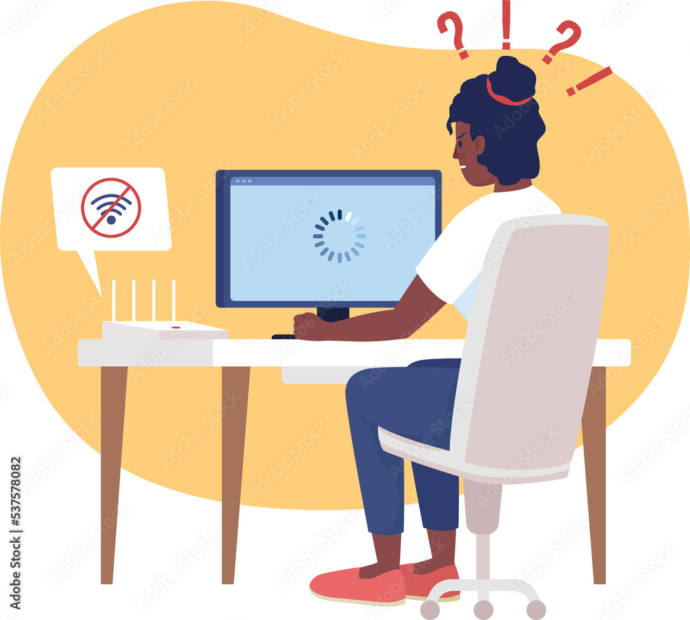 No wifi connection at home 2D raster isolated illustration. Upset woman sitting at computer flat characters on cartoon background. Everyday situation and daily life colourful scene No wifi connection at home 2D raster isolated illustration. Upset woman sitting at computer flat characters on cartoon background. Everyday situation and daily life colourful scene