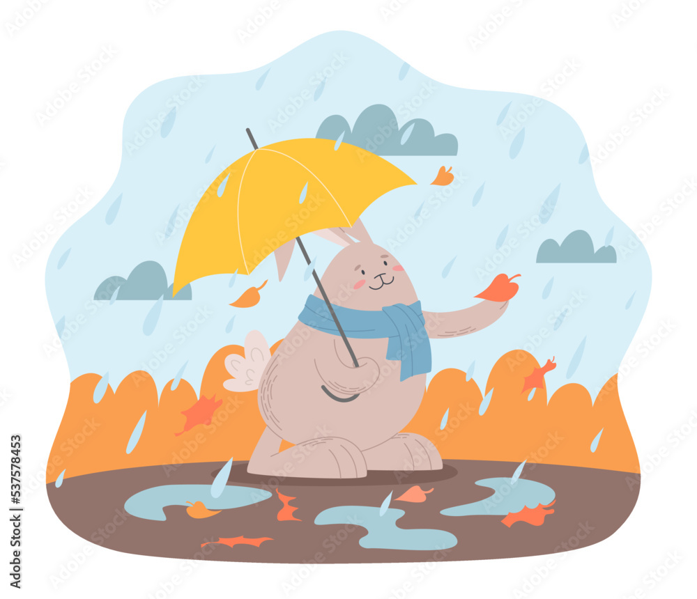 Funny rabbit with an umbrella walking in rainy weather. Cute bunny in the autumn. Vector illustration for postcards, design and decor. Year of the Rabbit.