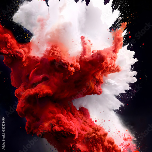 Burst of white and Red paint. Explosion and splatter of ink, acrylic, oil paint and particles. Abstract wallpaper and background. Render