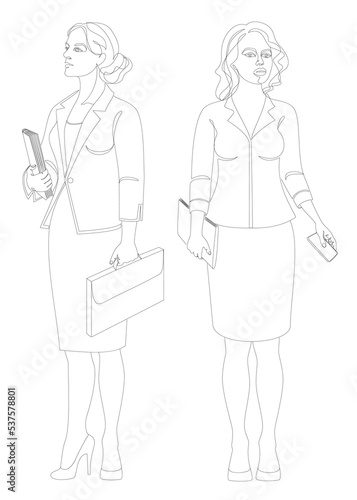 Collection. Silhouettes of a girl are standing in a modern single line style. Business woman with documents. Continuous line, aesthetic design outline, posters, stickers, logo. Vector illustration set