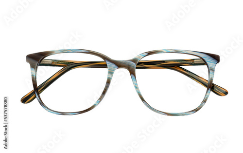 Eyeglass frames, lenses, various colors, both metal and plastic, on a beautiful colored background.