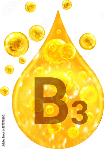 Drop with golden liquid and bubbles. Vitamin B3 photo