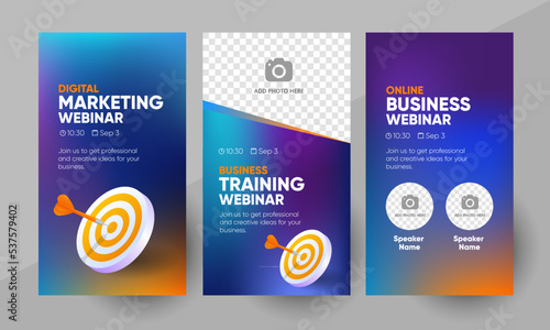 Business webinar social media story template. Background and business goal 3d illustration for social media banner post design in vector. Editable layout with a place for picture.