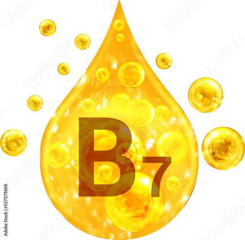 Drop with golden liquid and bubbles. Vitamin B7
