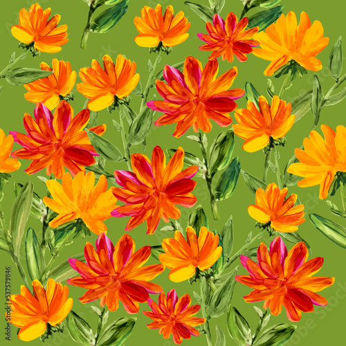 Seamless vector pattern of abstract painting red and yellow flowers. Original hand drawn, impressionism style, color texture, brush strokes of paint, art background.