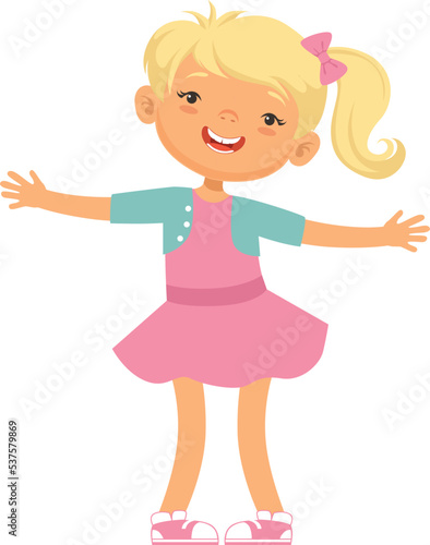 Cheerful girl character. Happy actve cartoon child