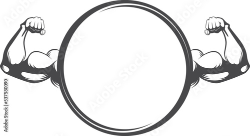 Strong arm on round logo template. Biceps emblem