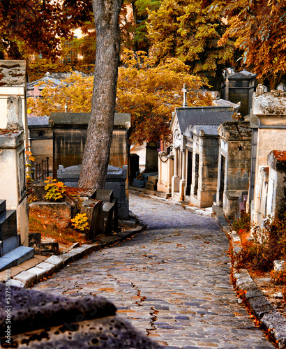 Rue pavée du cimetière du père Lachaise à Paris en Automne