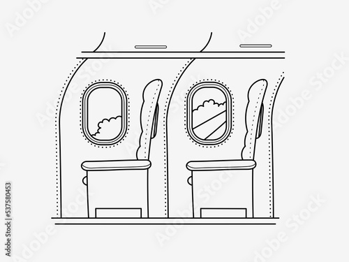 Aircraft business class cabin - seats and windows. Vector line drawing.