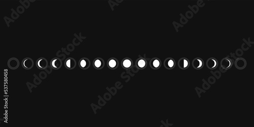 Moon phases sphere shadow cycle astronomy icon set. Vector Illustration black background