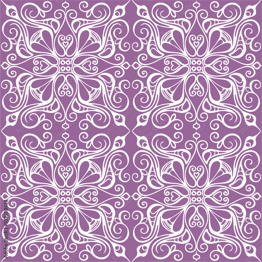 seamless graphic pattern, floral white ornament tile on purple background, texture, design