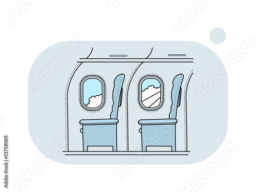 Business class Airplane Transport Interior for travel. Cartoon interior seats, plane cabin with portholes. Blue colored aircraft chairs and windows with clouds.  Flat vector illustration with outline.