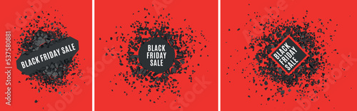 Black friday sale banner with broken stone debris. Modern promotional vector design.