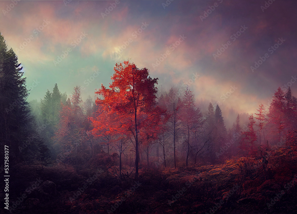 Obraz premium Misty forest in autumn, beautiful nature scenery, green trees and meandering rivers, The scene of beautiful forest in the fall, foggy magical natural environment.