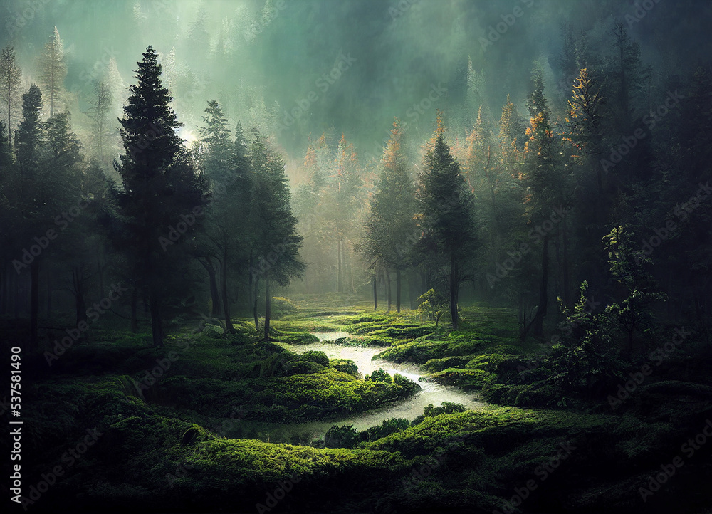 Misty forest in autumn, beautiful nature scenery, green trees and  meandering rivers, The scene of beautiful forest in the fall, foggy magical  natural environment. Stock Illustration | Adobe Stock