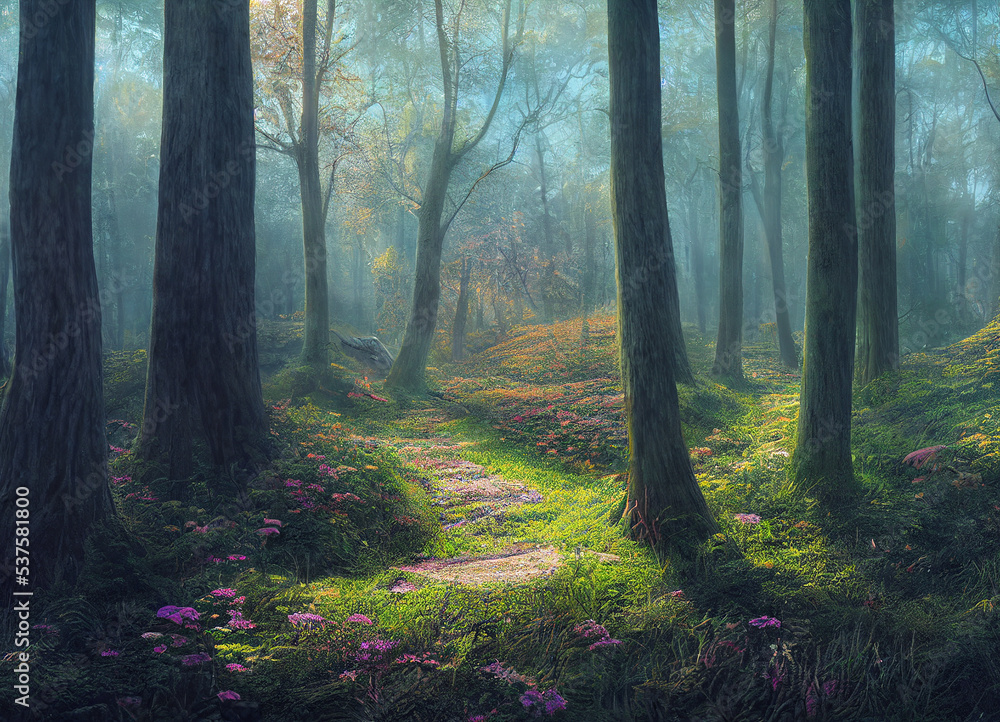 Obraz premium Misty forest in autumn, beautiful nature scenery, green trees and meandering rivers, The scene of beautiful forest in the fall, foggy magical natural environment.