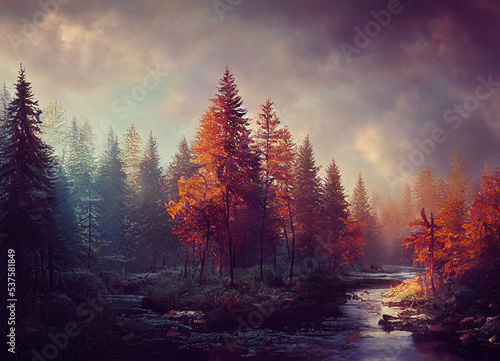 Misty forest in autumn, beautiful nature scenery, green trees and meandering rivers, The scene of beautiful forest in the fall, foggy magical natural environment.