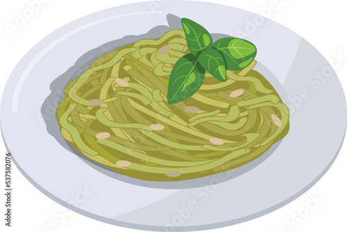 Pesto pasta plate. Fresh tasty food icon