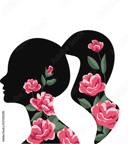 Silhouette of a woman with a tail. Flowers in your hair. The concept of mental health, harmony and balance. Vector illustration