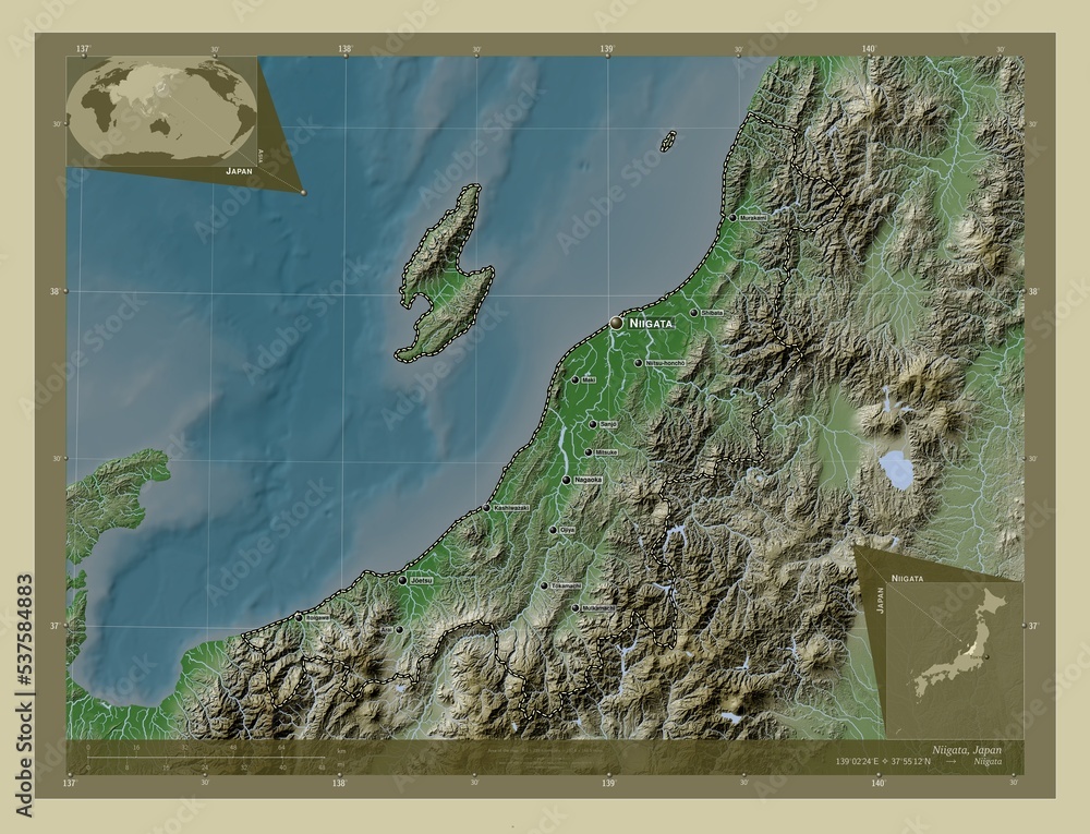Niigata, Japan. Labelled points of cities